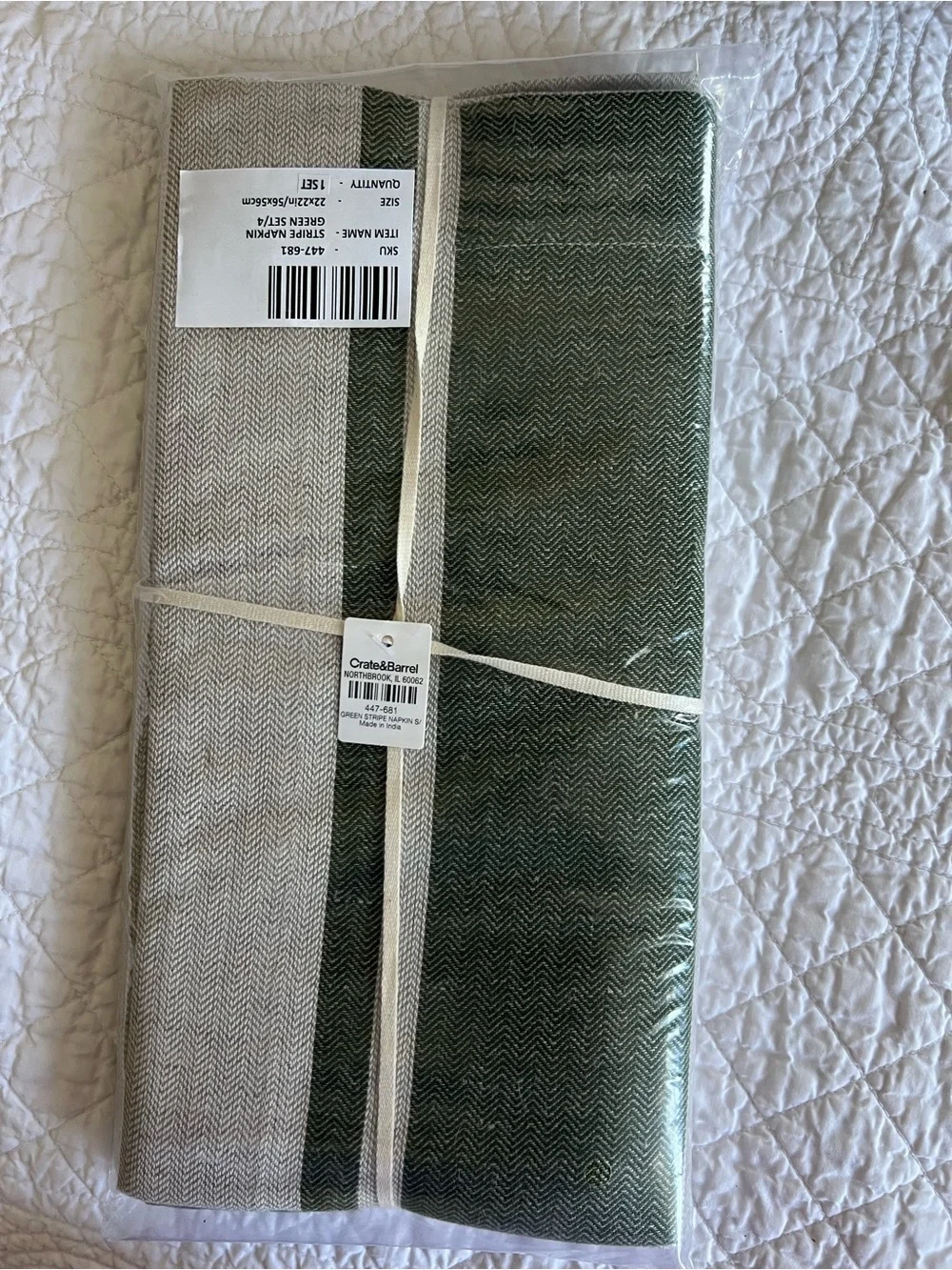 NWT CRATE & BARREL Green Linen Stripe Napkin Set